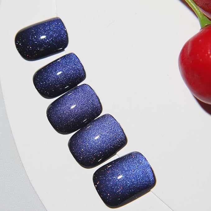 Dark Blue Press on Nails Short, Cat Eye Press on Nails Square, Fashion Gel Fake Nails, Reusable Acrylic Fake Nails, Glossy Stick on Nails for Women Girls Gift, Glue on Nails Kit, Starlit Abyss
