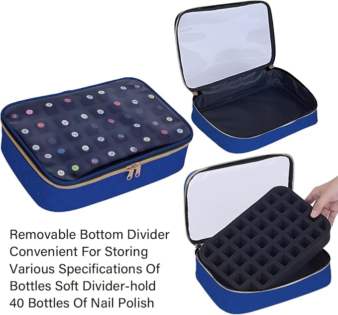 Nail Polish Bag organizer-Holds 40 bottles(15ml-0.5fl.oz),Nail Polish Carrying Case Clear Multifunctional Cosmetic Travel Cases Makeup Bags DarkBlue