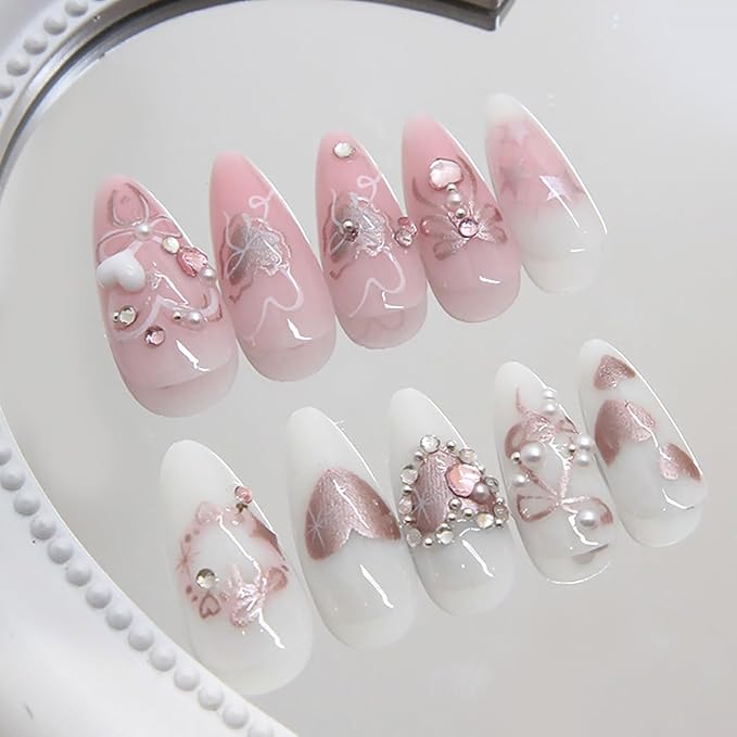 24Pcs Pink Bow Press on Nails Medium Almond Fake Nails with Silver Heart Rhinestones Design Glitter False Nails White Full Cover Artificial Glue on Nails Handmade Stick on Nails for Women Acrylic Nail