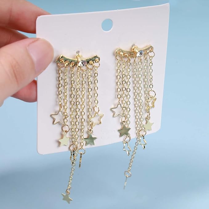 Boho Star Chain Tassel Earrings Gold Star Dangle Earrings Long Chain Drop Earrings Tiny Star Fringe Chain Earrings Jewelry for Women and Girls-VivaGrace Women