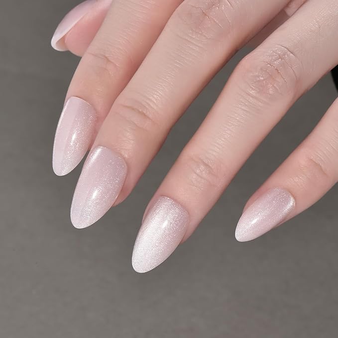 Cat Eye Press on Nails Short Almond, Nude Pink Press on Nails Almond, Fashion Gel Fake Nails, Reusable Acrylic Fake Nails, Glossy Stick on Nails for Women, Glue on Nails Kit, Nebula Blush