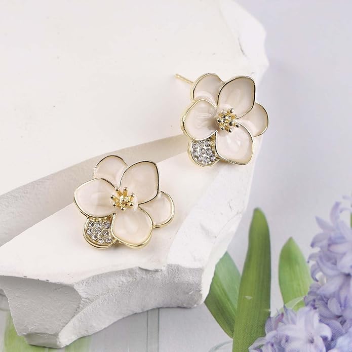 Vintage Enamel Flower Stud Earrings Camellia Flower Earrings Gold Crystal Flower Petal Earrings White Petal Stud Earrings Jewelry for Women-VivaGrace Women