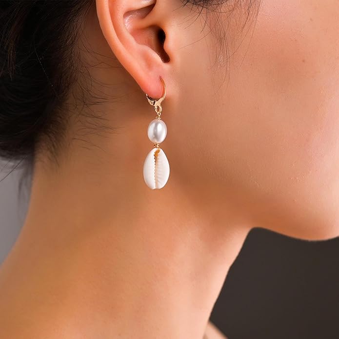 Boho Shell Drop Earrings Vintage Gold Star Shell Dangle Earrings Statement Cowrie Shell Hook Earrings Summer Beach Seashell Earrings Jewelry for Women-VivaGrace Women