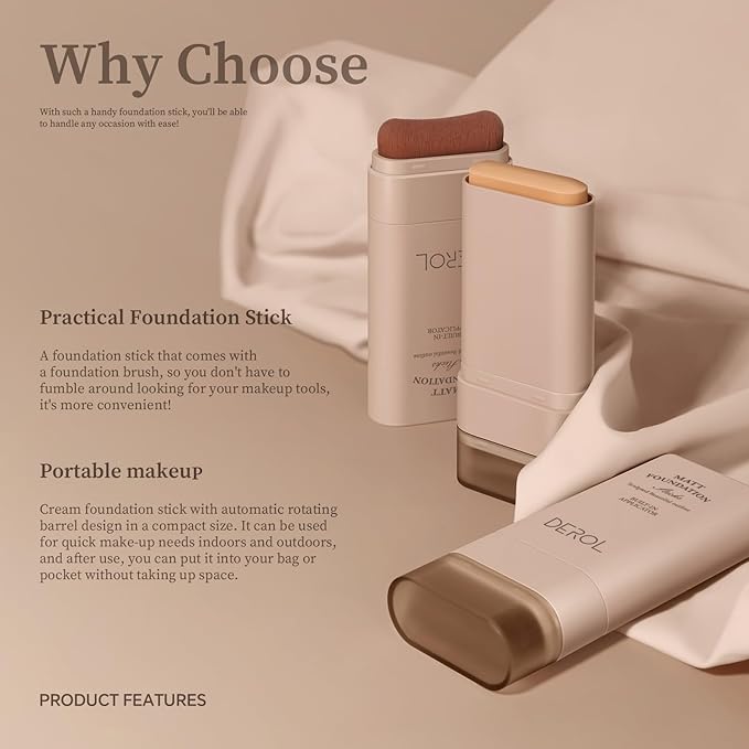 Foundation Stick, Multi-Use Foundation Stick Makeup with Built-In Foundation Brush, Lightweight Buildable Medium-to-Full Coverage, Longwear Contour Stick Foundation Face Stick, Natural Finish-VivaGrace Women