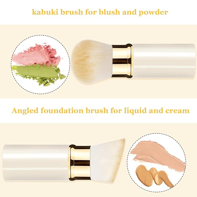 Makeup Brush, Retractable 2 Pack Travel Kabuki Powder Makeup Brush, Foundation Face Blush Brushes for Blending Liquid, Blush, Bronzer, Buffing, Sunscreen,Flawless Cosmetics-VivaGrace Women