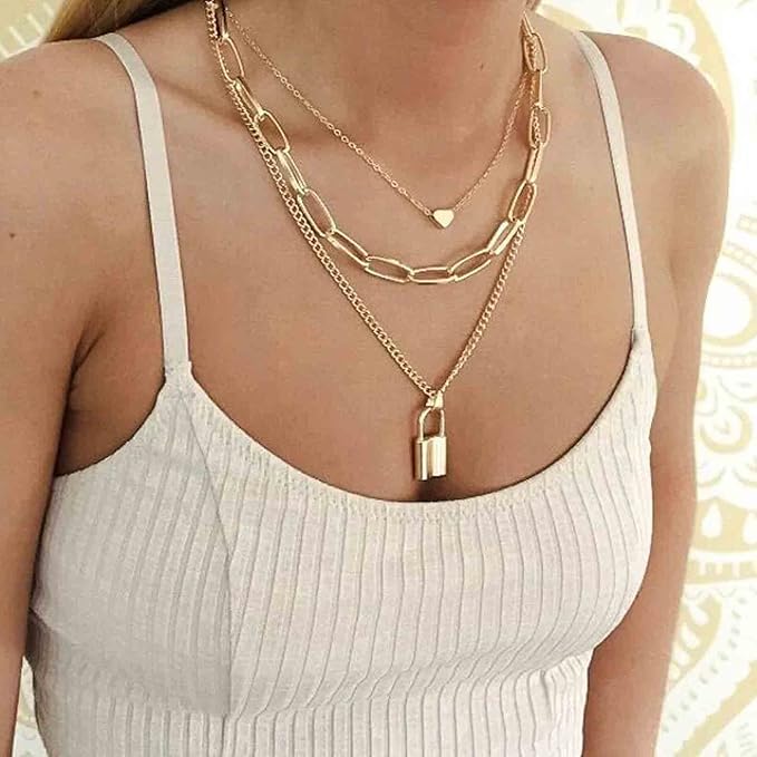 Punk Layered Heart Choker Necklace Gold Lock Pendant Necklace Chunky Paper Clip Chain Necklace Vintage Statement Necklace Chain Jewelry for Women and Girls Gift-VivaGrace Women
