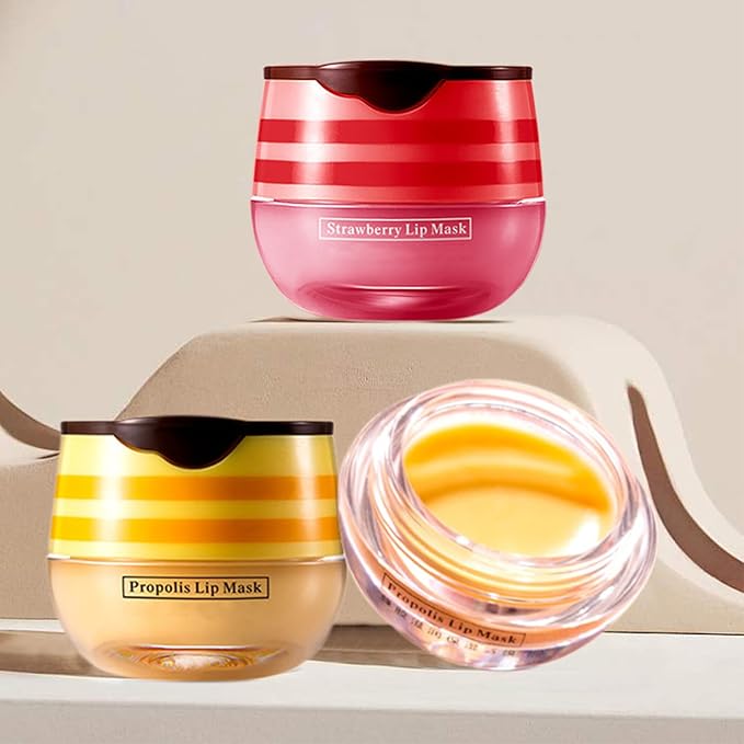 2 PCS Lip Balm Honey Pot, Honey & Strawberry Lip Sleeping Mask Vitamin E & Moisturizing Propolis Lip Balm with Stick, Prevention Dry and Cracked Lip Scrubs Exfoliator Lip Wrinkle-VivaGrace Women