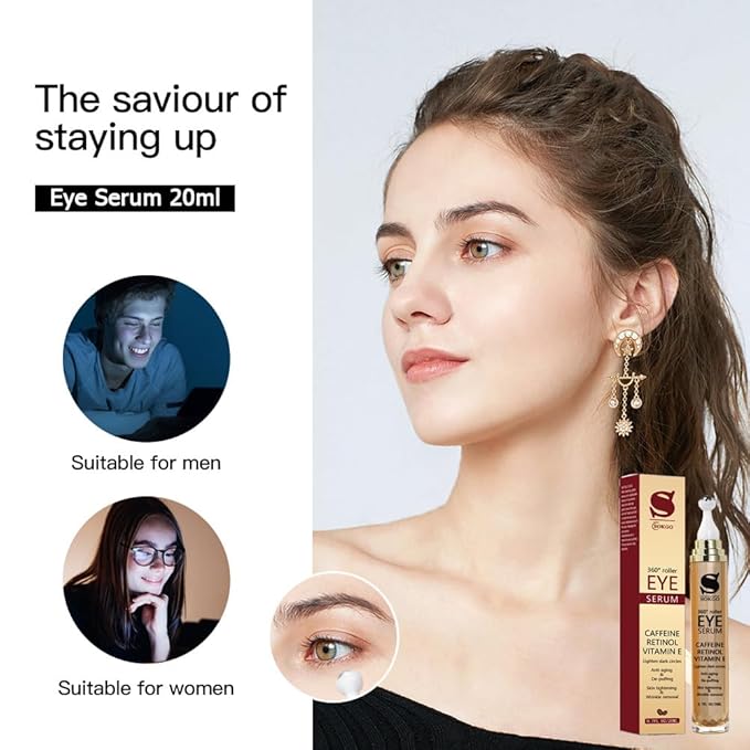 Caffeine Eye Serum Anti Aging, Retinol Eye Serum with 360° Massage Ball for Dark Circles and Puffiness, Deeply Moisturizing, Firms and Lifts Eye Skin, Enhance Skin Elasticity, Smooth Fine Lines-VivaGrace Women
