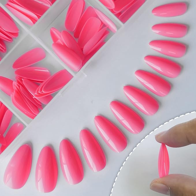 LoveOurHome 240pc Almond Press on Nails Medium Fake Nail Tips Hot Pink Acrylic Nails Press ons Nail Almond Glue Nail Short Stiltto Artificial Fingernail & Glue Adhesive Tabs for Women Girls Kids