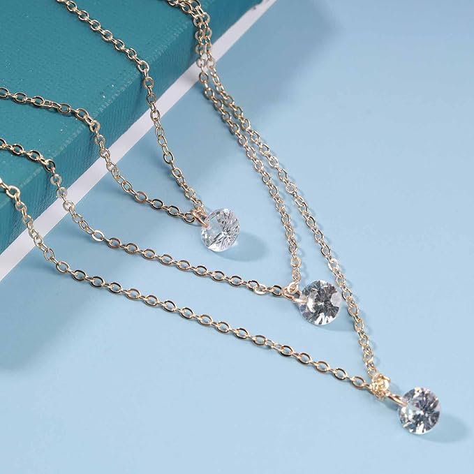 Boho Layered Crystal Necklace Choker Gold Bezel Pendant Necklace Multi Layering Vintage Necklace Chain Cz Bridal Necklace Chain Jewelry for Women and Girls-VivaGrace Women