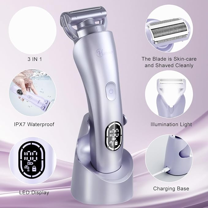 Hatteker Women's Electric Shaver Bikini Trimmer Hair Trimmer for Women LED Display Electric Razor for Legs Bikini Underarm Public Hairs Led Display IPX7 Waterproof Gift for Women (Purple)-VivaGrace Women
