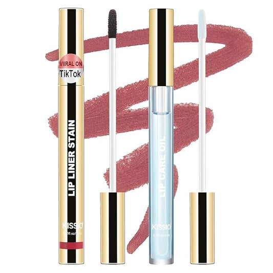KISSIO Lip Stain Set,Peel Off Lip Liner Stain and Lip Care Oil,Transfer Proof,Long Lasting and Waterproof Lip Tint,Matte Finish,Lip Combo,03 Coral Red-VivaGrace Women
