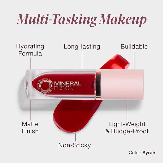 Mineral Fusion 2-in-1 Lip & Cheek Stain Syrah, 0.10 fl oz, Bright Red hydrating, long-lasting, matte lip and cheek color-VivaGrace Women