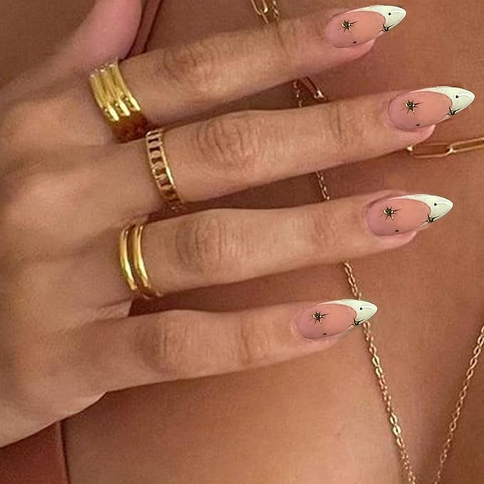 Almond Press on Nails Medium French Tip Fake Nails with Star Designs Acrylic False Nails Glossy Glue on Nails Cute Stick on Nails for Women and Girls