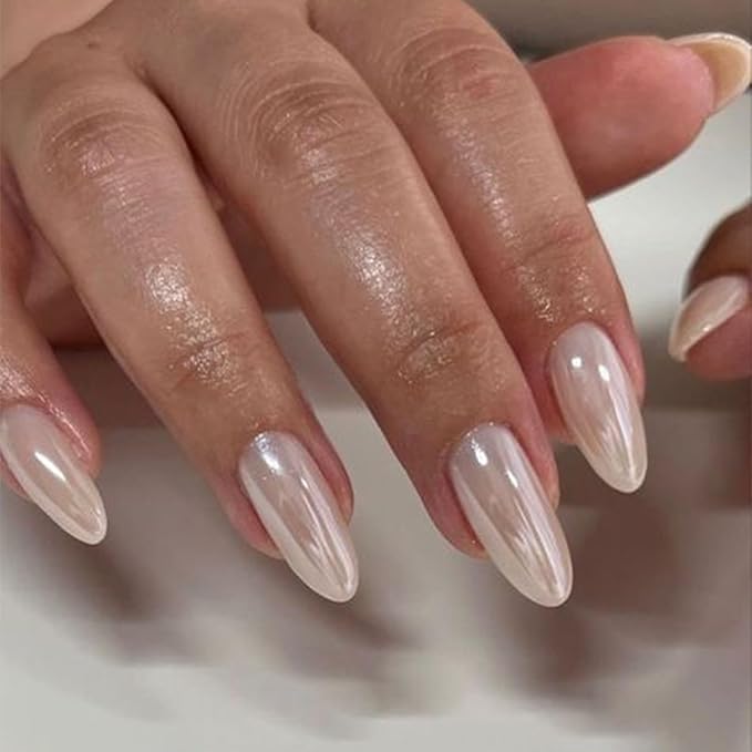 Medium Press on Nails Almond Fake Nails with Chrome Designs Glossy False Nails White Glue on Acrylic Nails for Women and Girls