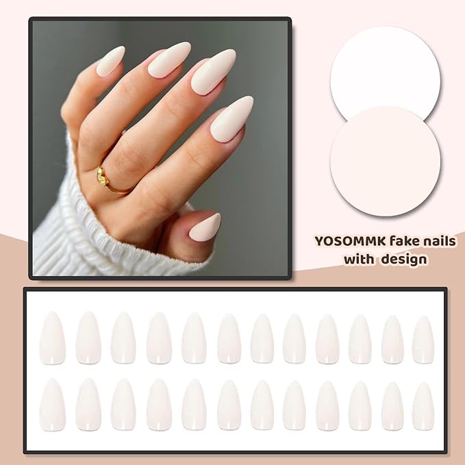 Medium Press on Nails Almond Shaped Fake Nails with Pure Color Designs Apricot Pink Glue on Nails Glossy Full Cover False Nails for Women and Girls
