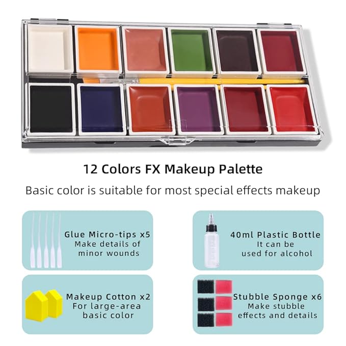 12 Colors Alcohol Activated Makeup Palette Set with Mimic Wound Sponge Makeup Egg for SFX Makeup Halloween Makeup-VivaGrace Women