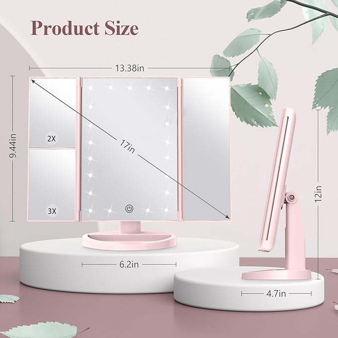 HUONUL Makeup Mirror Vanity with Lights, 2X 3X 10X Magnification, Lighted Mirror, Touch Control, Trifold Dual Power Supply, Portable LED Women Gift (Pink)-VivaGrace Women