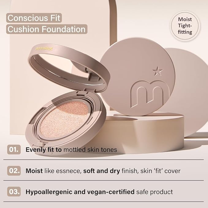 MOONSHOT KOREA Conscious Fit Cushion Foundation Medium Coverage, Long-Lasting & Buildable Foundation For A Smooth, Satin Finish, Vegan & Cruelty-Free,k-beauty (15N Cosmic Cream)-VivaGrace Women
