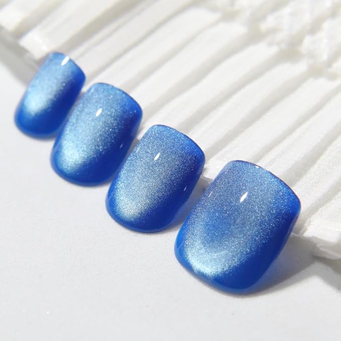 Blue Press on Nails Short Square, Cat Eye Press on Nails, Fashion Gel Fake Nails, Reusable Acrylic Fake Nails, Glossy Stick on Nails for Women Girls Gift, Glue on Nails Kit, Ice Blue