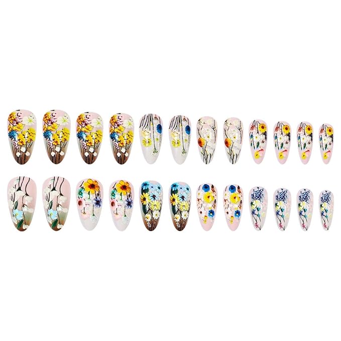 Flower Press on Nails Medium Almond Fake Nails with Leaf Designs Full Cover Stick on Nails Colorful Spring Glue on Nails Daisy Almond False Nails for Women Manicure Art 24Pcs