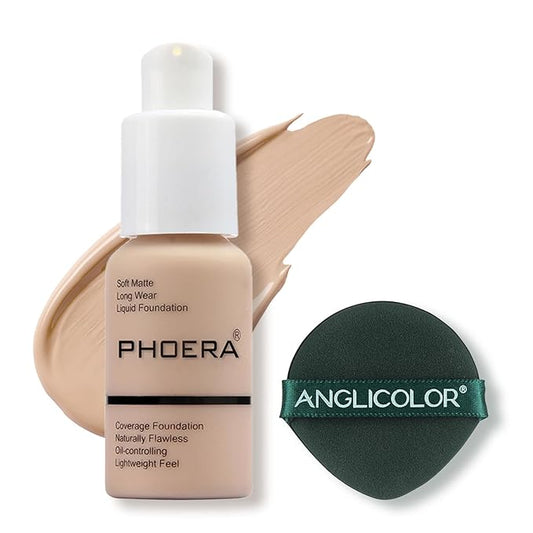 PHOERA Foundation Makeup Naturally Liquid Foundation Full Coverage Mattle Oil-Control Concealer 8 Colors Optional,Great Choice For Gift (#102 Nude,30ml)-VivaGrace Women