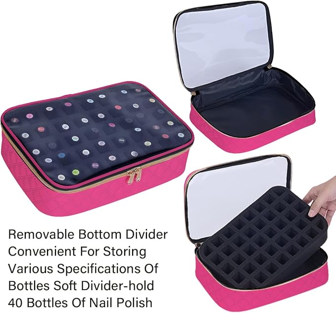Nail Polish Bag organizer-Holds 40 bottles(15ml-0.5fl.oz),Nail Polish Carrying Case Clear Multifunctional Cosmetic Travel Cases Makeup Bags Rose Red