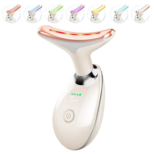 Red Light Therapy for Face and Neck, 7 Color Beauty Face Massager Tool, Vibrating Facial Massager with Thermals for Wrinkles, Double Chin, Glossy White-VivaGrace Women