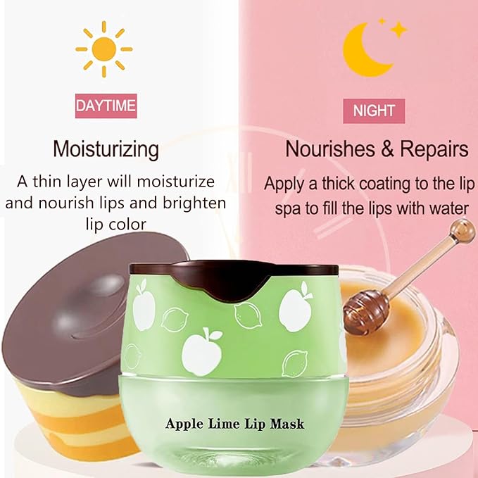 1PCS Lip Balm Honey Pot,Honey/Apple Lime Lip Mask Overnight Moisturizing Lip Balm,Hydrating Prevention Dry & Cracked Lip Exfoliator Lip Wrinkle Care Sleeping Lip Mask (Apple Lime)-VivaGrace Women