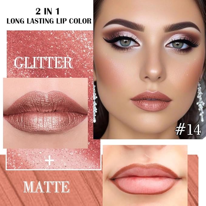 evpct Bronze Gold Metallic Glitter Lip Liner and Lipstick Combo Lip Gloss Stain Set Makeup for Women Long Lasting Waterproof 24, Rose Gold Metallic Shimmer Frosted Iridescent Glossy Liquid Lipstick 14-VivaGrace Women