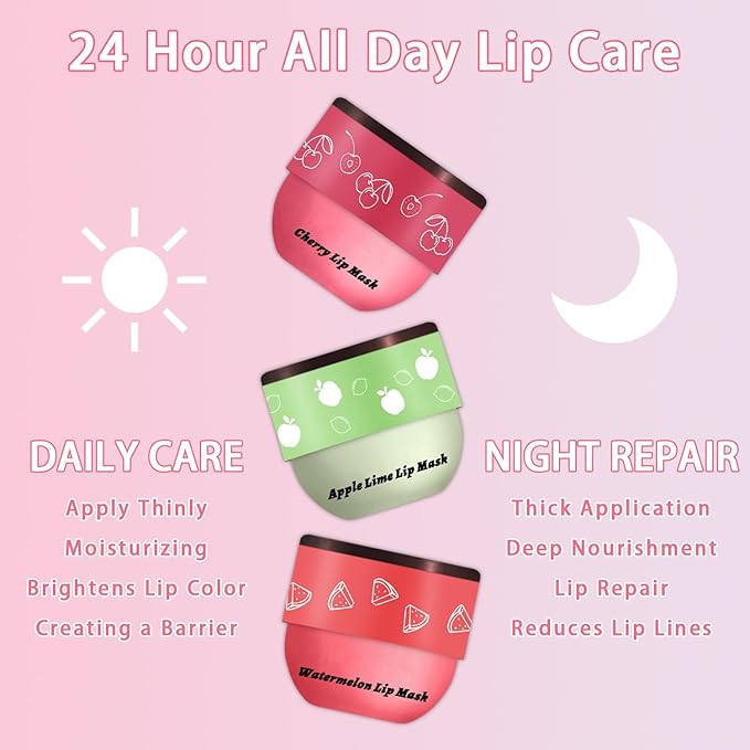 3 Pcs Bee Lip Balm Honey Pot, Cherry Watermelon Apple Lip Mask Overnight, Moisturizing Lip Sleeping Mask, Hydrate Repair Prevent Dry Cracked Lip Exfoliator Lip Care (Cherry+Watermelon+Apple Lime)-VivaGrace Women