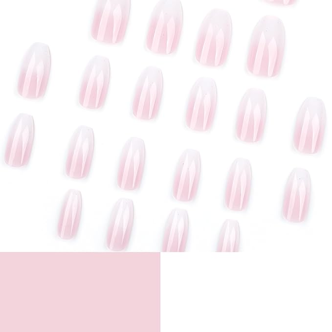 Coffin Press on Nails Medium Fake Nails Pink White Ombre False Nails with Designs Sparkly Artificial Nails Medium Glue on Nails Coffin Nail Press ons Cute Stick on Nails for Women 24Pcs