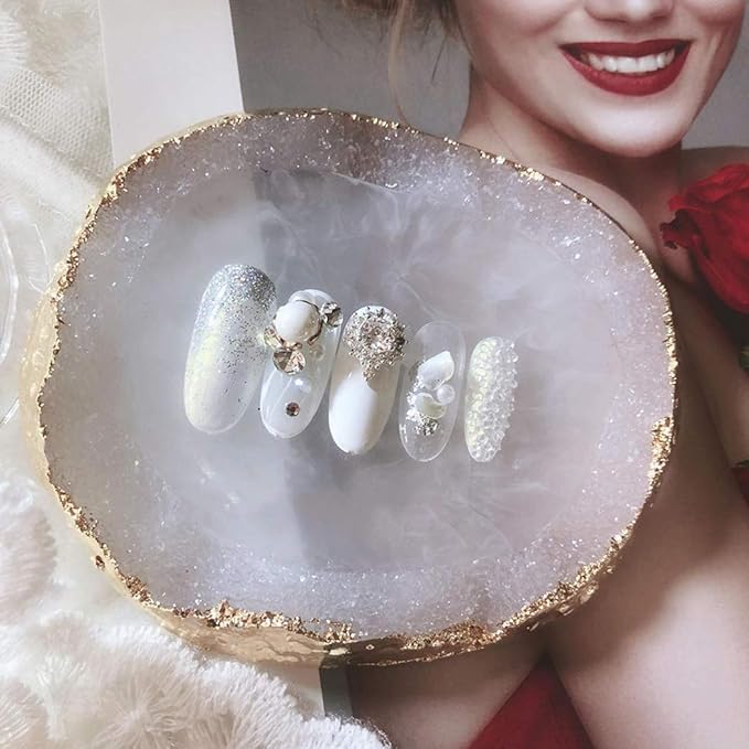 MISUD Resin Nail Art Palette, Nail Polish Drawing Color Dish Golden Edge Resin Stone Paint Drawing Color Dish Manicure Nail DIY Tool (White)-VivaGrace Women