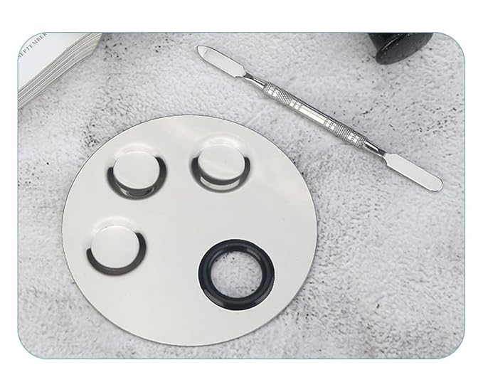 1 Set Round Stainless Steel 3-Well Cosmetic Makeup Palette with Spatula Cosmetic Artist Palette Mixing Palette with Spatula Nail Art Eye Shadow Lipsticks Mixing Makeup Tools, Silver-VivaGrace Women
