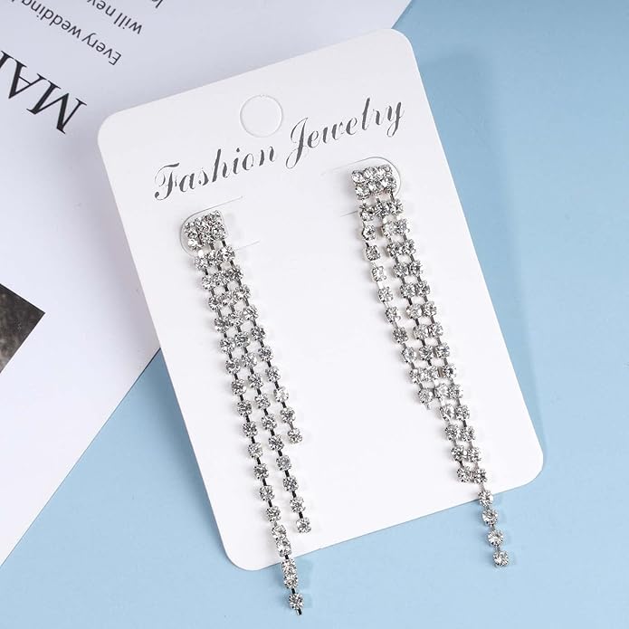 Boho Rhinestone Tassel Earrings Long Fringe Drop Dangle Earrings Silver Crystal Chain Tassel Earrings Vintage Chandelier Chain Studs Earrings Luxury Statement Earrings Jewelry for Women and Girls Gifts-VivaGrace Women