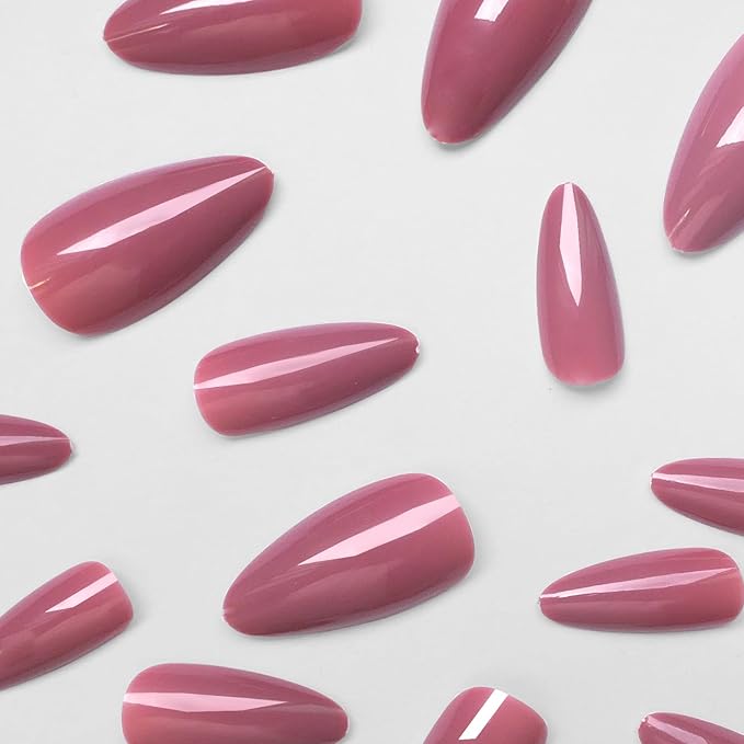 LoveOurHome 240pc Almond Press-on Medium Fake Nail Tips - Full Cover Lotus Pink Artificial Fingernails - Short Stiletto Nails - Press-ons with Glue & Adhesive Tabs