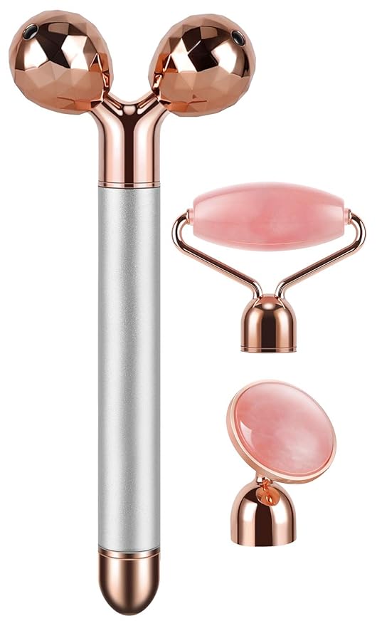 DANGSHAN 3-in-1 Electric Jade Roller 3D Roller Facial Roller & Face Massager, Rose Quartz-VivaGrace Women