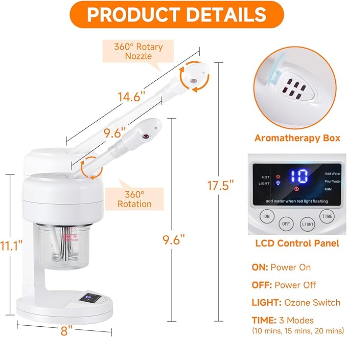 Ozone Facial Steamer, Portable Nano Ionic Face Steamer with LCD Screen, Extendable 360° Rotating Arm, Rotatable Nozzle, Hot Mist Function for Personal Care at Home or Salon-VivaGrace Women