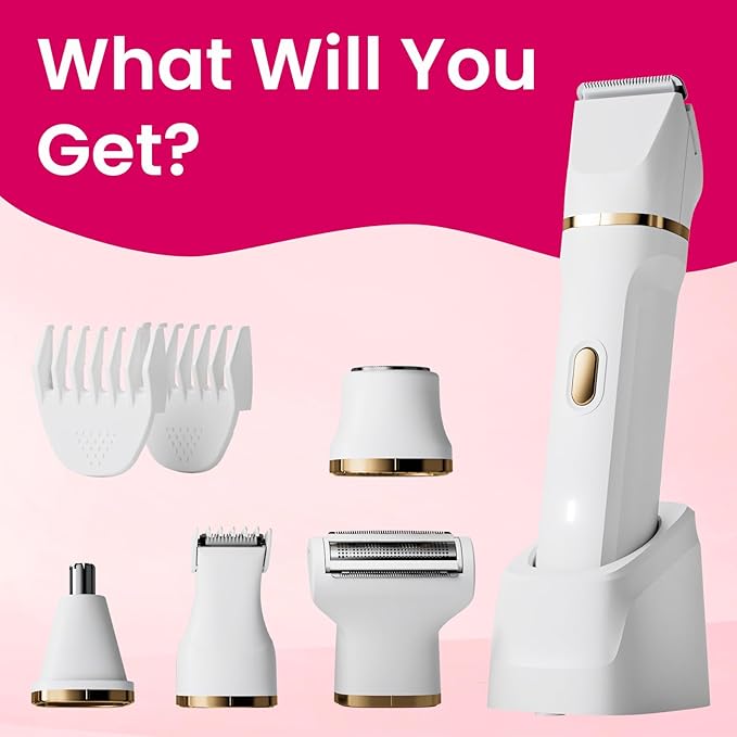 Electric Razors for Women, 5-in-1 Wet/Dry Bikini Trimmer with USB Charge Dock, Deluxe Facial Hair Removal, Wet/Dry Body Shaver for Nose Eyebrows Beard Underarm Leg Arm, IPX7 Waterproof (White)-VivaGrace Women