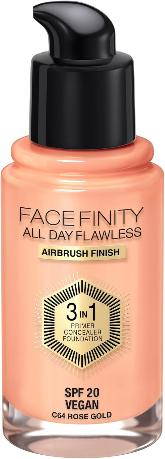 Max Factor Facefinity 3-in-1 All Day Flawless Liquid Foundation, SPF 20-64 Rose Gold, 30 ml-VivaGrace Women