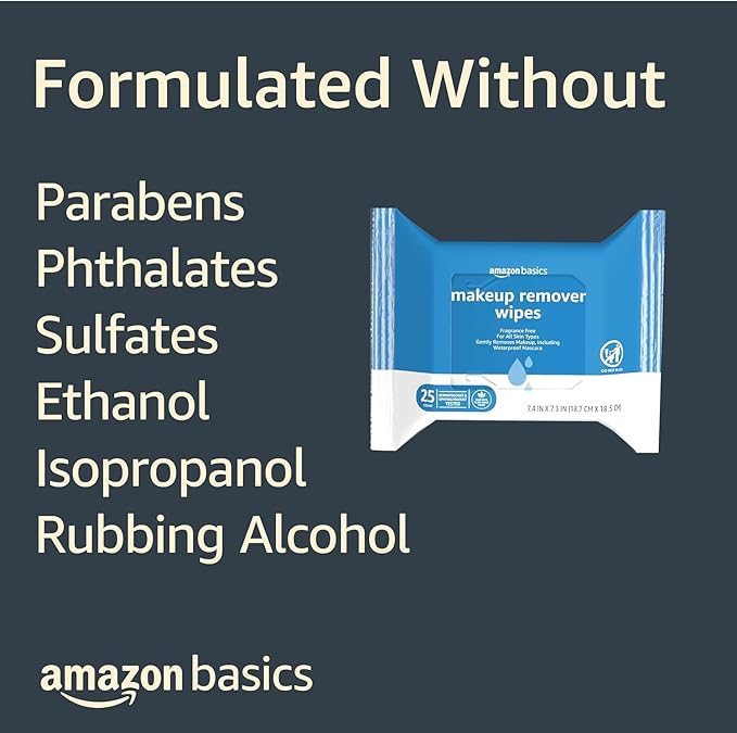 Amazon Basics Makeup Remover Wipes, Gentle Cleansing, Dermatologist Tested, Fragrance Free, Plant Based, Alcohol Free, Removes Waterproof Mascara, 25 Count Per Pack, Pack of 1 (Previously Solimo)