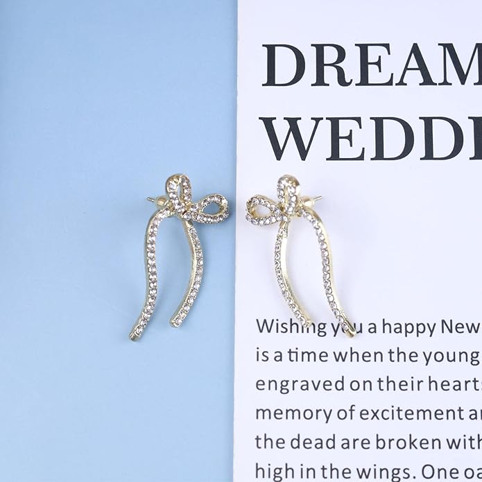 Vintage Crystal Bow Earrings Rhinestone Bow Drop Earrings Long Cz Rhinestone Earrings Gold Bow Cz Stud Earrings Jewelry for Women-VivaGrace Women