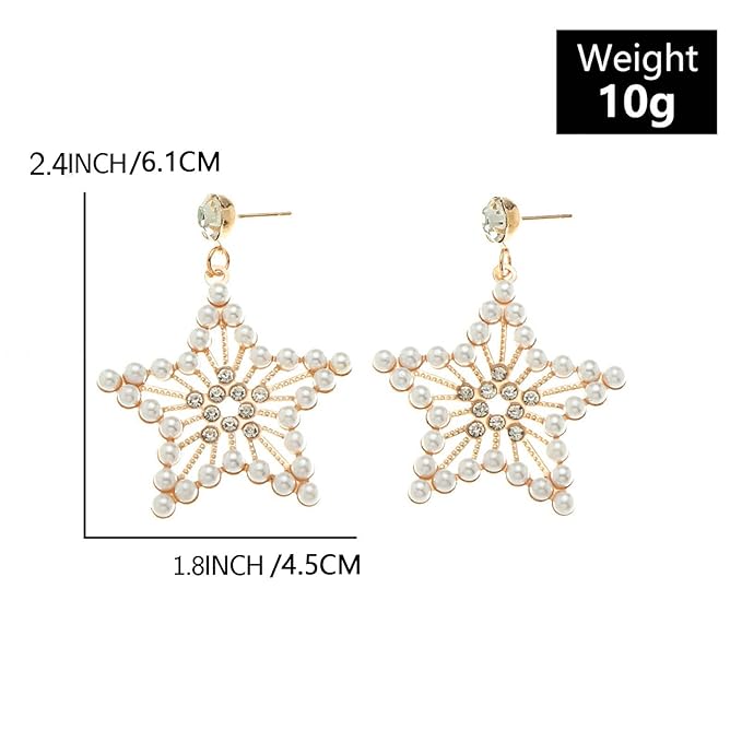 Vintage Pearl Star Drop Earrings Crystal Star Dangle Earrings Gold Rhinestone Stud Earrings Bohemian Large Star Statement Earrings Jewelry for Women and Girls Gifts-VivaGrace Women