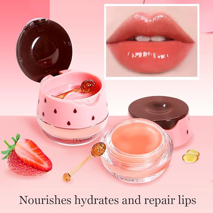 Bee Lip Balm Honey Pot, 2 PCS Strawberry & Honey Hydrating Prevention Dry and Cracked Lip Scrubs Exfoliator, Propolis Moisturizing Lip Sleep Mask Reduces Lip Lines, Lip Exfoliating Honey Bee Lip Mask-VivaGrace Women