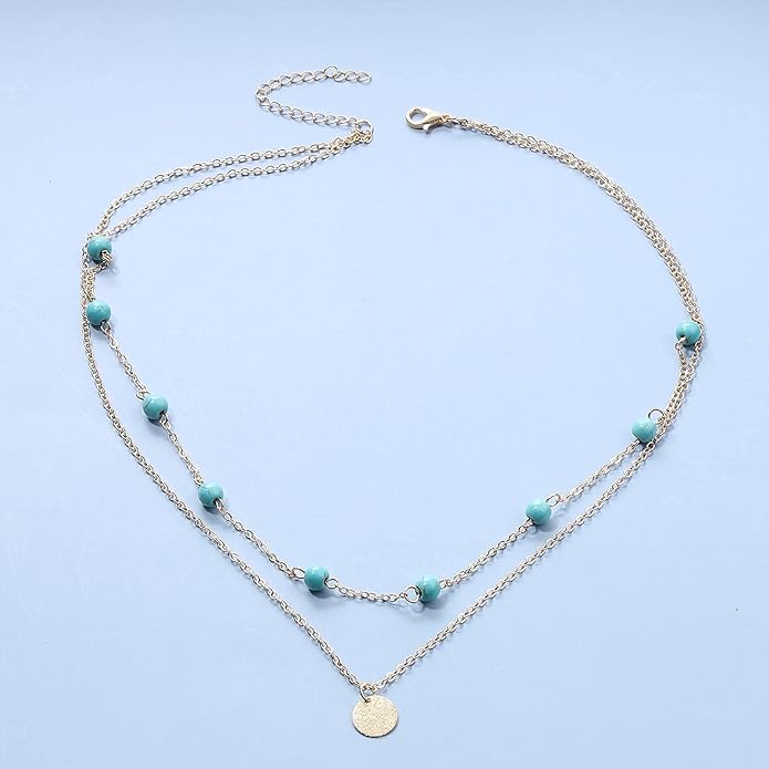 Boho Layered Coin Turquoise Necklace Gold Hammered Coin Disc Pendant Necklace Vintage Necklace Chain Jewelry for Women-VivaGrace Women