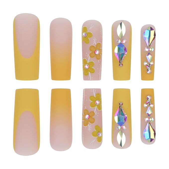XL Press on Nails,Long Fake Nails Square Press on False Nails with Flower and Rhinestone Design Holiday Gift for Women 24pcs(Nude&Yellow)