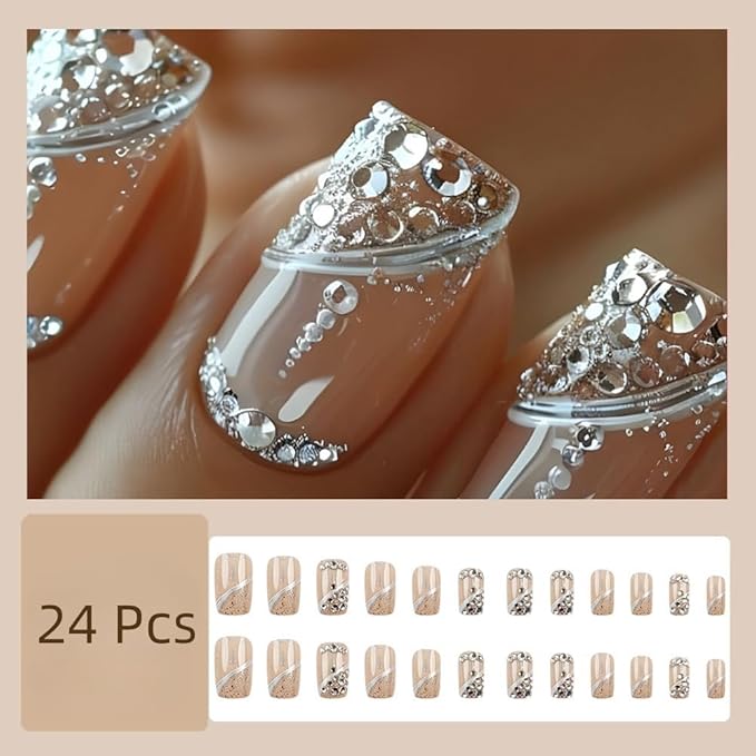 KQueenest Acrylic Press on Nails Short Medium Square, Luxurious Nude Fake Nails Acrylic with Rhinestones, Glue on Nails Short Coffin Sliver Stripes Sequins Full Cover False Nails For Women 24 Pcs