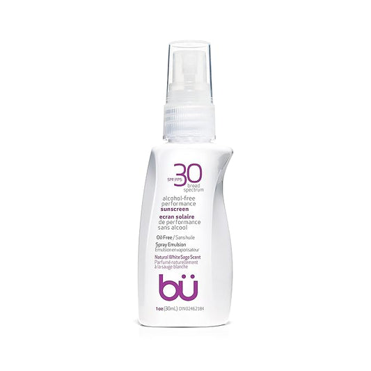 BU SPF 30 Sunscreen Spray for Face and Body, Non Aerosol Spray, TSA Travel Size Sunblock, Clear, Non Greasy, Water Resistant, White Sage 1 oz-VivaGrace Women