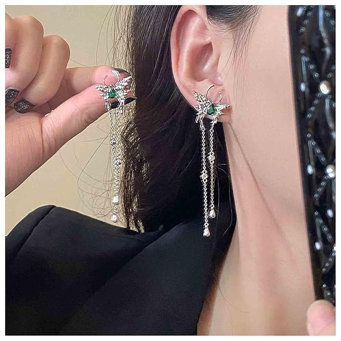 Vintage Emerald Butterfly Earrings Silver Chain Tassel Drop Earrings Butterfly Emerald Stud Earings Long Cz Chain Earrings Jewelry for Women and Girls-VivaGrace Women