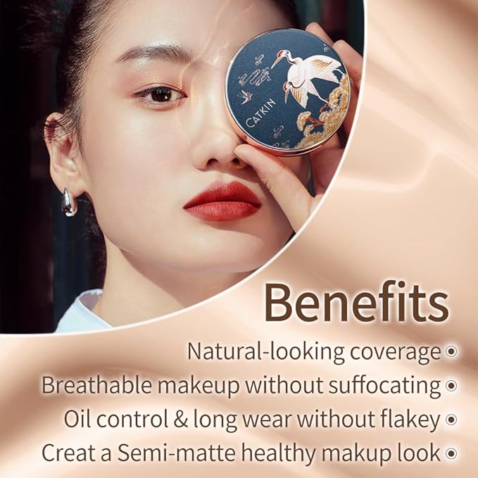 Catkin Phoenix Cushion Foundation Buildable Coverage Anti-Aging Serum Makeup, Sheer Satin Finish, Refill Included, Light Beige 0.46 Oz x 2, C01 NATURAL-VivaGrace Women